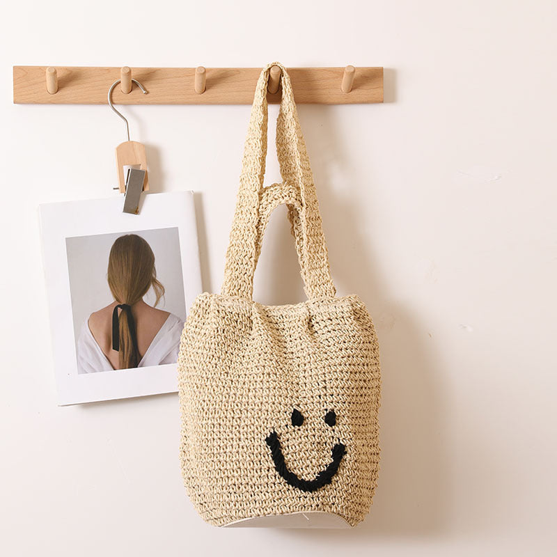 Casual Smiley Face One Shoulder Cotton Thread Woven Bag Fresh Portable Office Straw Bag Seaside Vacation Beach Bag