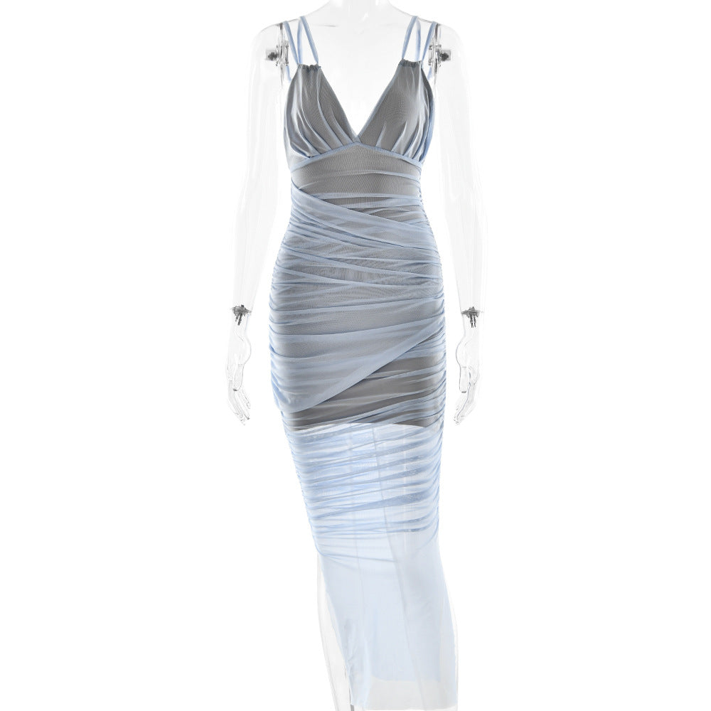Suspender Deep V Plunge Sexy Dress Sexy Pleated Slim Mesh Dress