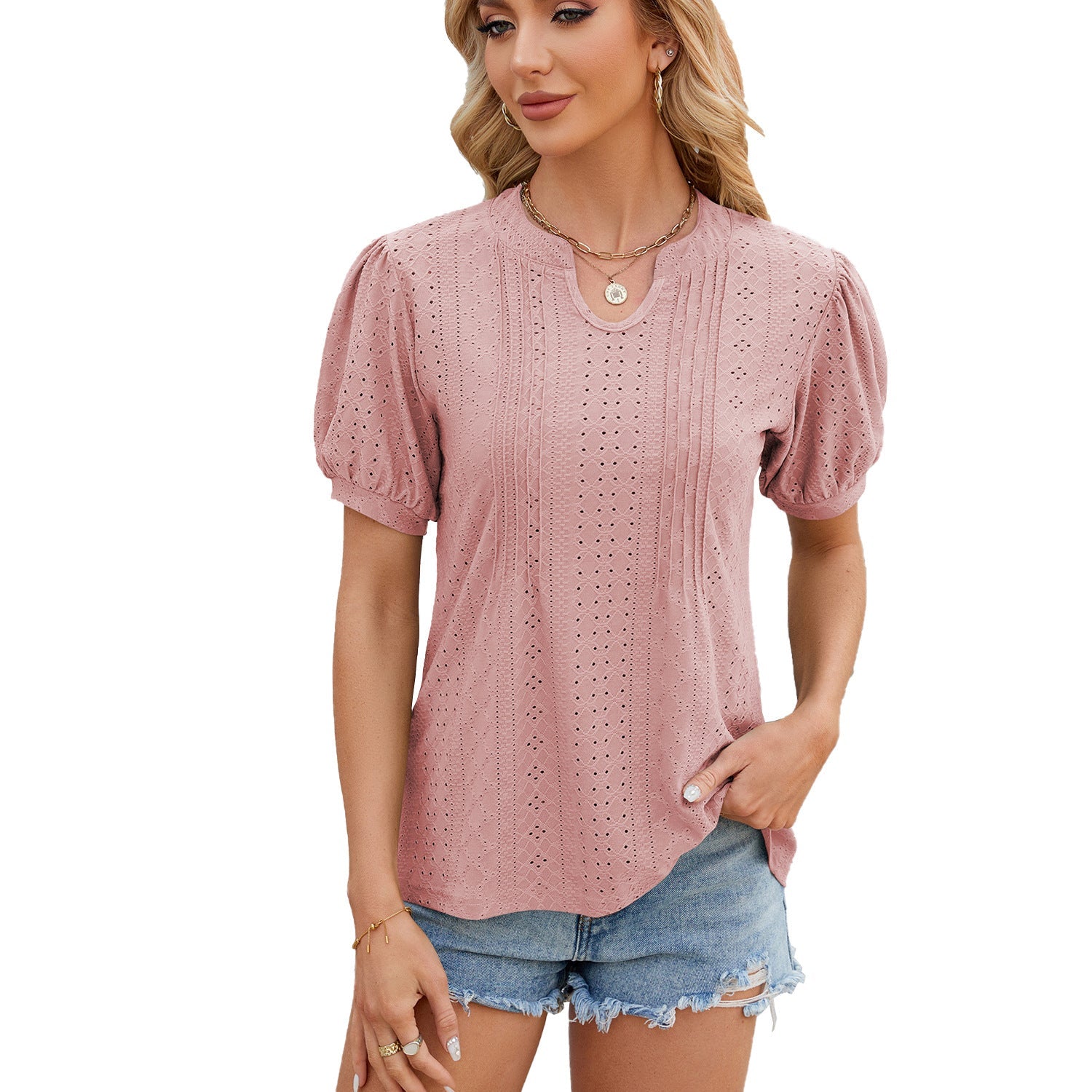 Spring Summer Solid Color V Neck Stripes Loose Short Sleeve T Shirt Women