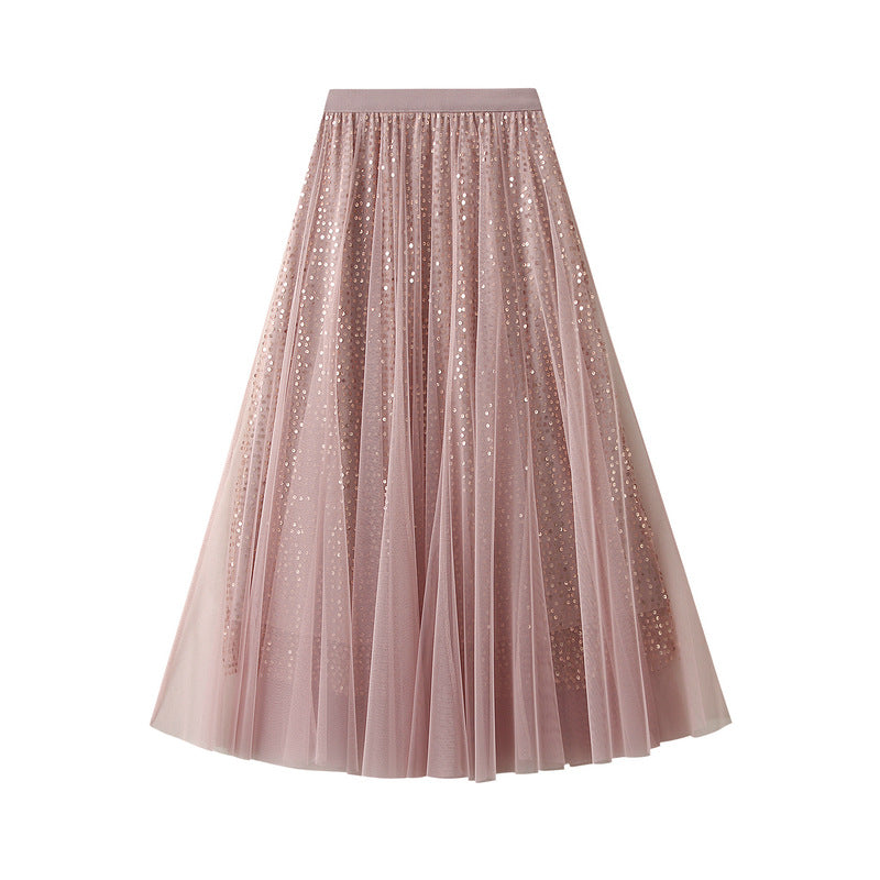 High Grade Sequin Gauze Skirt Women Draping Super Fairy Gauze Skirt Covering Large Swing A line Long Skirt