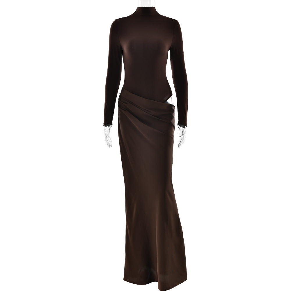 Summer Half High Collar Long Sleeves Dress Sexy Slim Fit Faux Two Piece Solid Color Dress