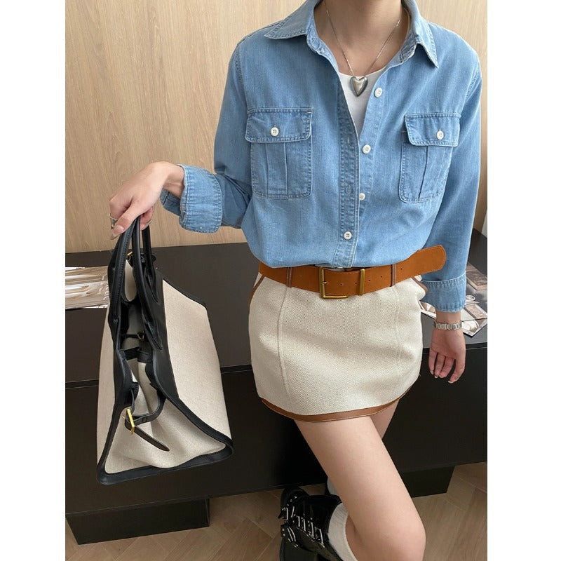 Early Autumn Relaxed Old Money Flip Pocket Design Bandage Dress Casual Denim Shirt