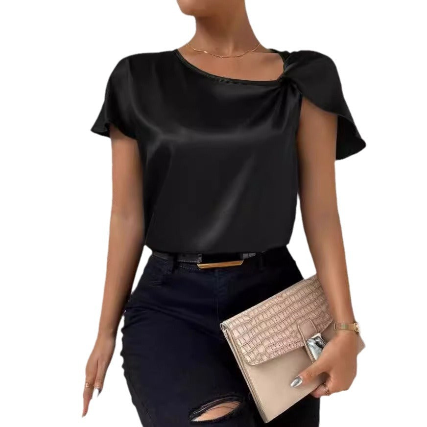 Supply Summer Satin Short Sleeve Satin Twisted Solid Color Loose Fitting Top Women