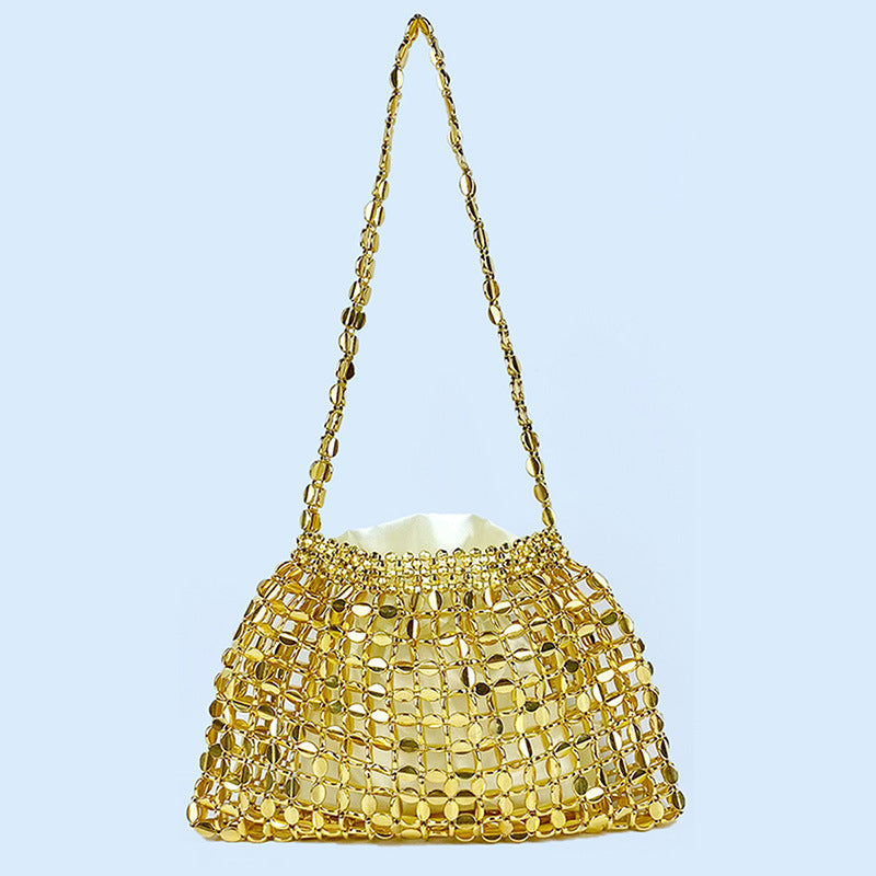 Popular Handmade Silver Gold Flat Beads Beaded Weave Large Dumpling Trendy One Shoulder Handbags