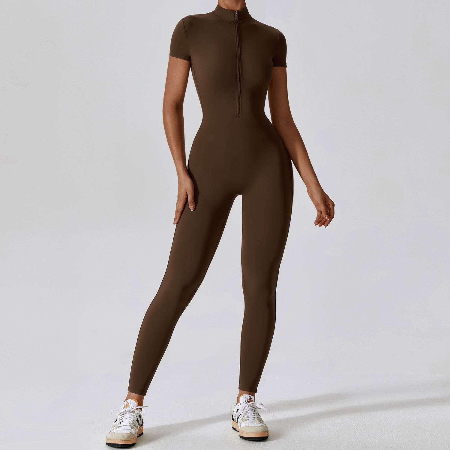 Sollinarry Zipper Short Sleeve Nude Feel Yoga Jumpsuit Women Outer Wear Fitness Sports One Piece Tights