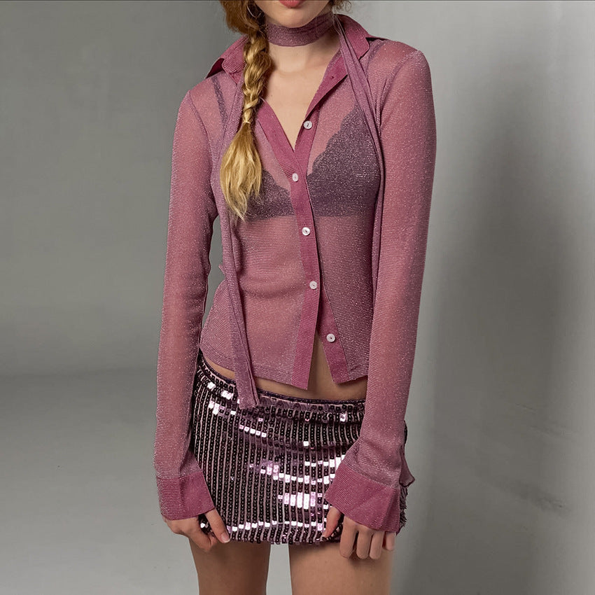 Spring Arrival Reflective Beautiful Shoulder Small Top Women Decoration Long Sleeve Shirt Cardigan