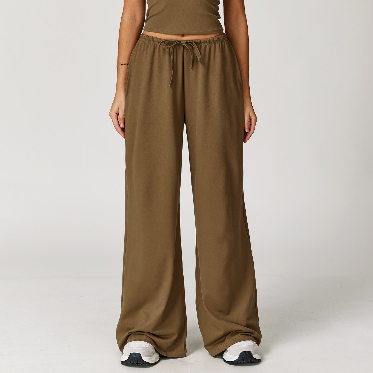 Sollinarry Brushed Trousers Embellished Wide Leg Loose Casual Pants Women Sports Fitness Elastic Drawstring Trousers