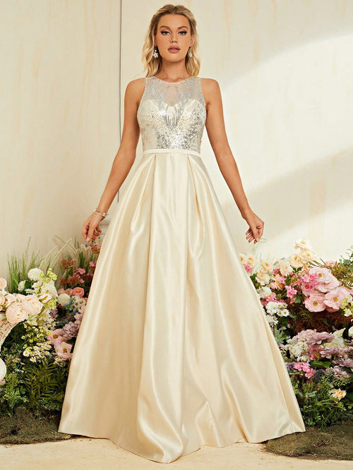 Backless Evening Dress Sleeveless Deep V Plunge neck Hollow Out Cutout out Sequin Stitching Satin Swing Dress Elegant