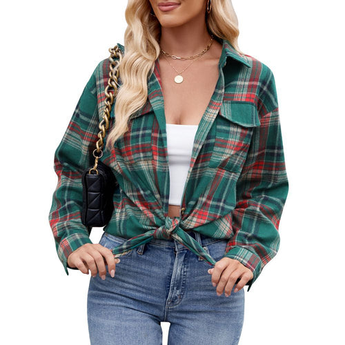 Autumn Winter Women Clothing Casual Loose Plaid Pocket Shirt for Women