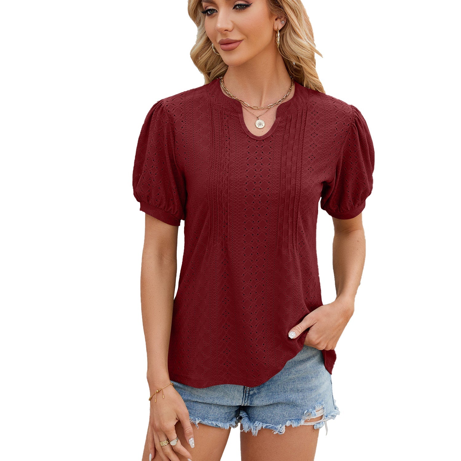 Spring Summer Solid Color V Neck Stripes Loose Short Sleeve T Shirt Women