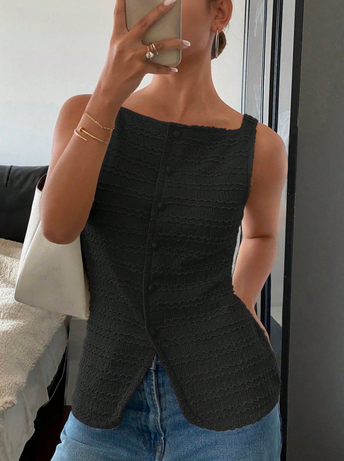 Elegant Single Breasted round Neck Sleeveless Slim Vest Solid Color Women Top