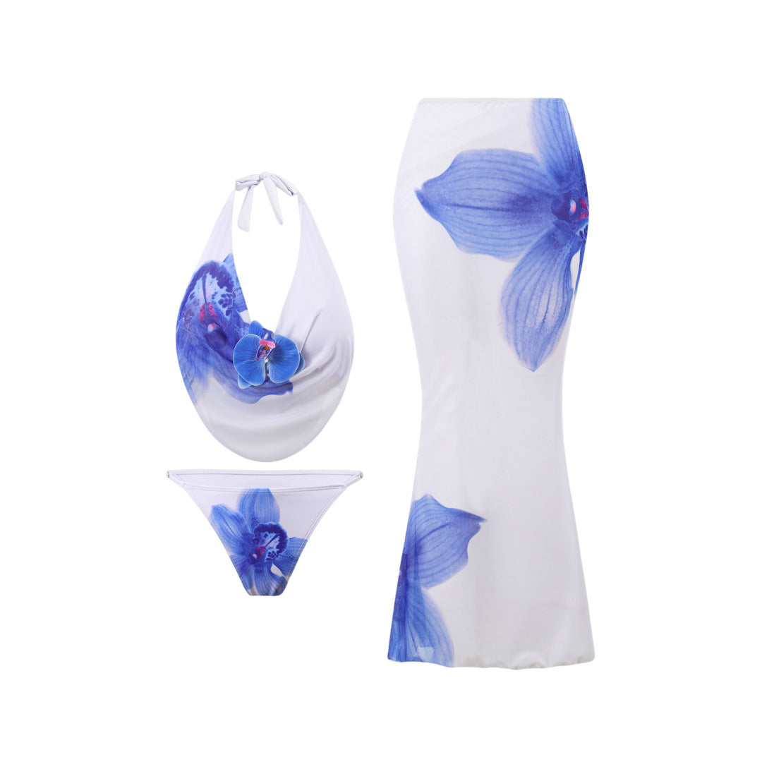 Bikini Mesh Floral Print Three Piece Skirt Sunscreen Swimsuit Women