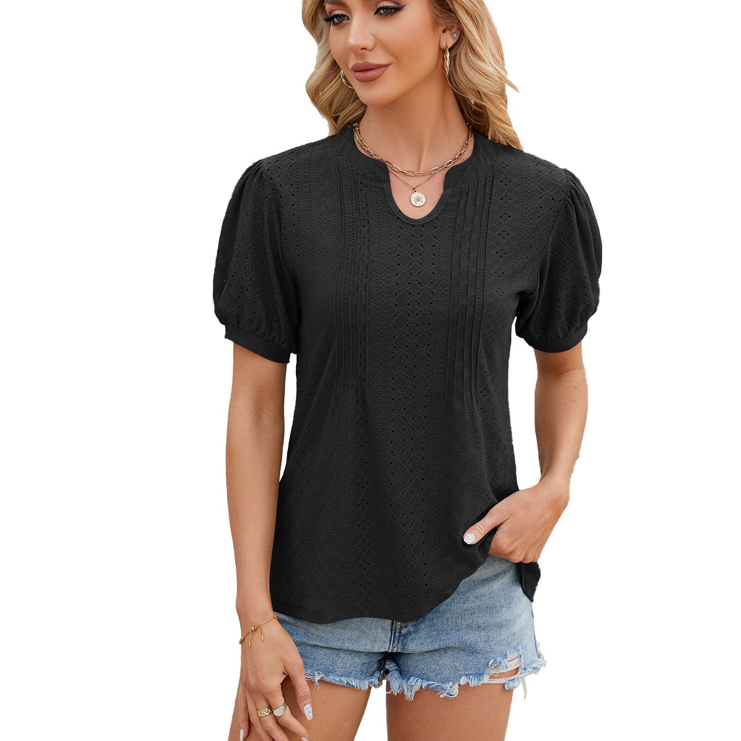 Spring Summer Solid Color V Neck Stripes Loose Short Sleeve T Shirt Women