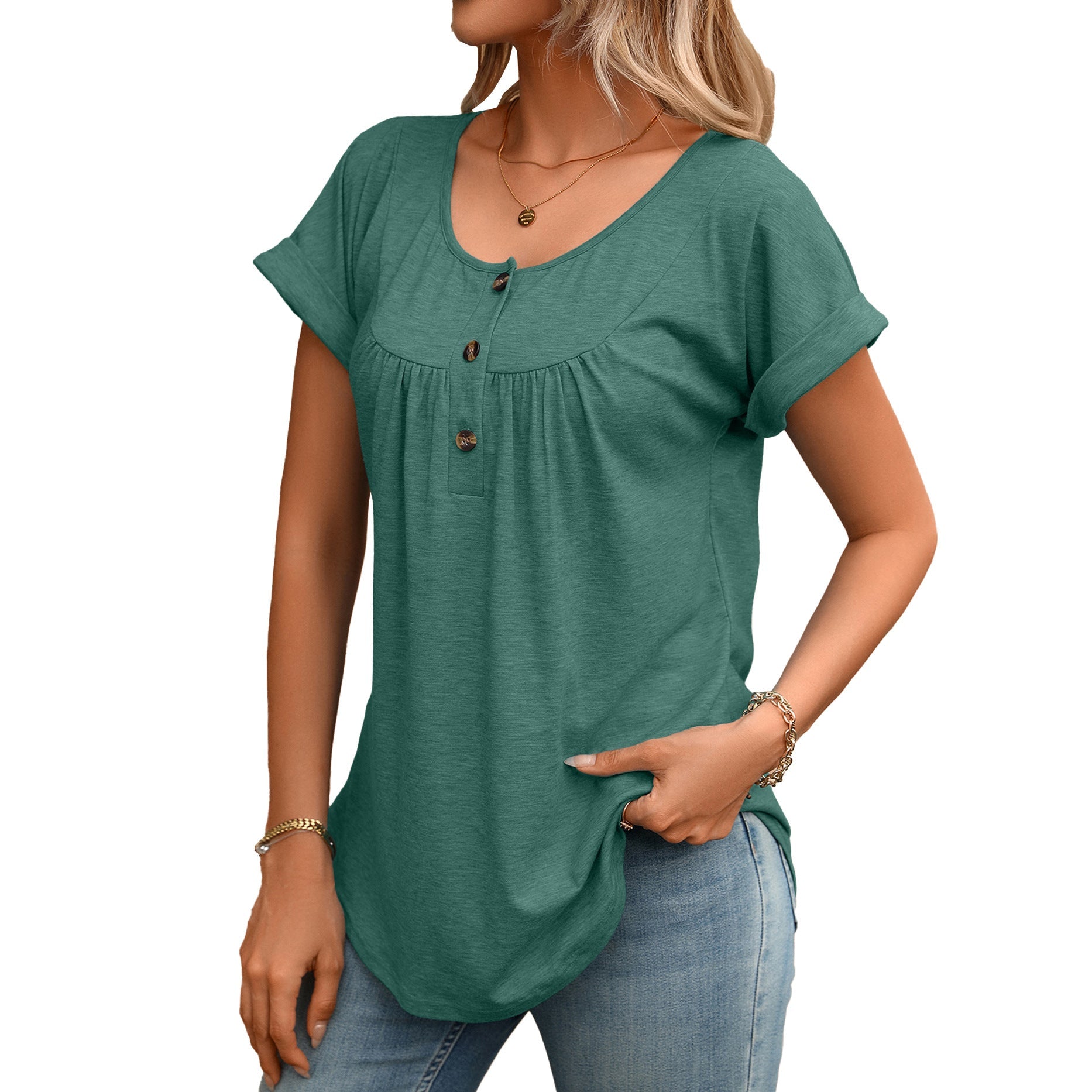 Summer Solid Color round Neck Button Loose Short Sleeve T shirt Top Women