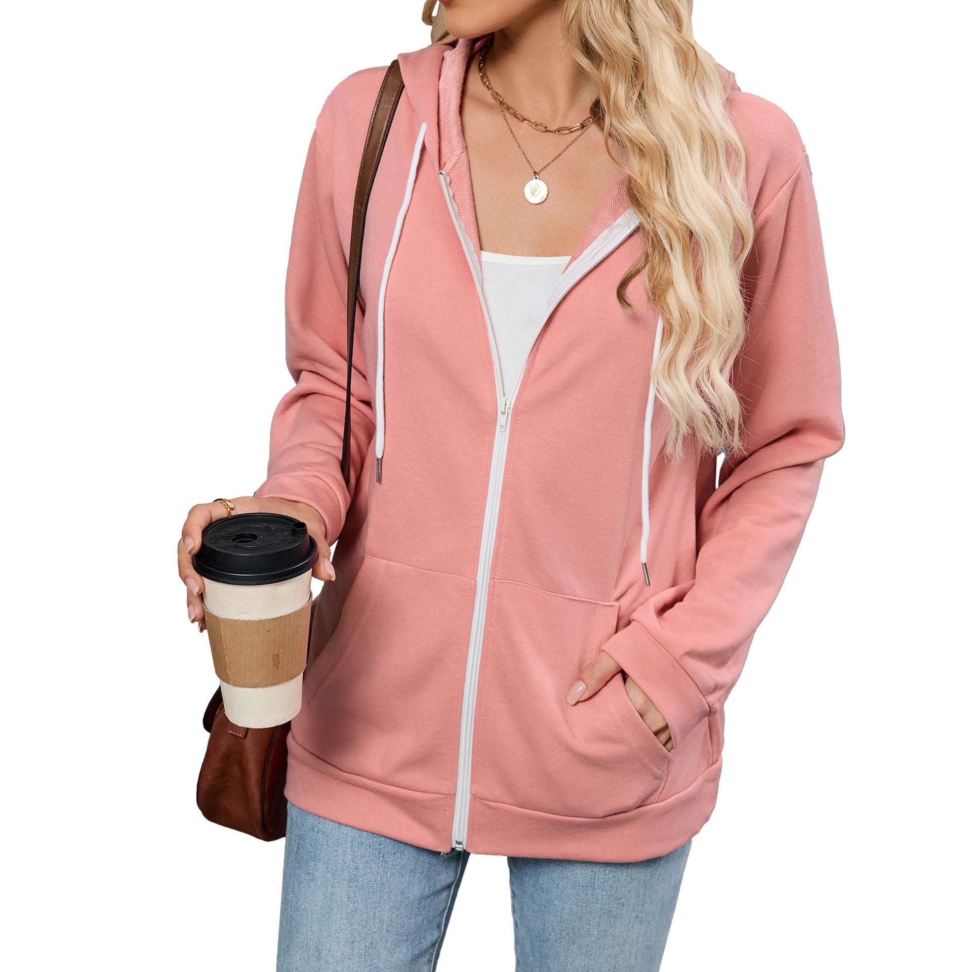 Autumn Winter Contrast Color Zipper Hooded Pocket Long Sleeve Women Top