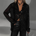 Spring Summer Sequin Top Collared Long Sleeve Cardigan Basic Women Clothing