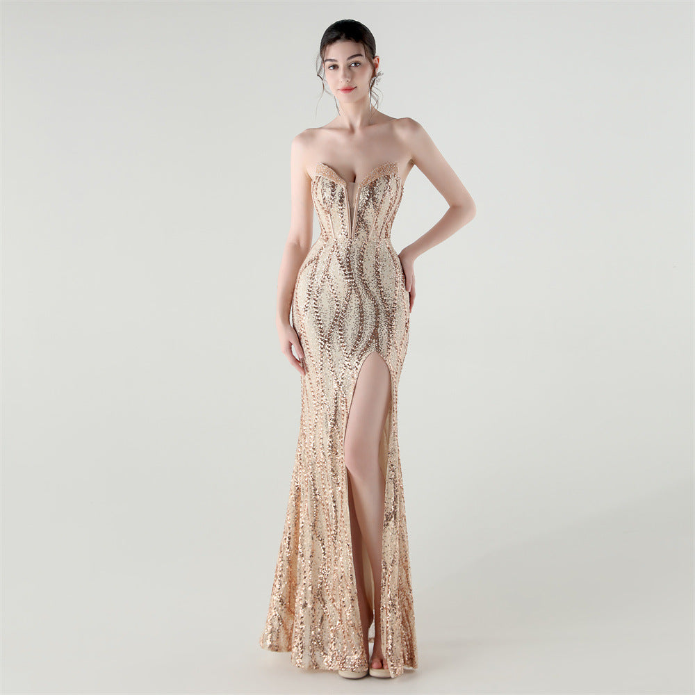 Boning Corset Waist Tight Heavy Industry Beads Heart Shaped Collar Sequined Evening Dress Luxury Cocktail Evening Dress