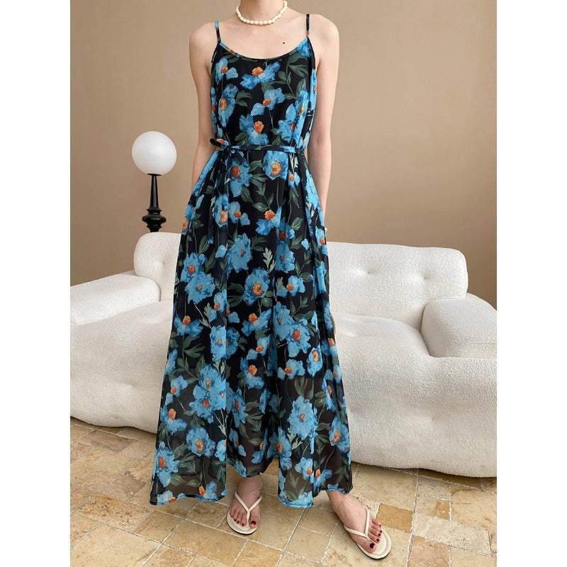 Painting Floral Lace up Waist Controlled Slimming Camisole Dress
