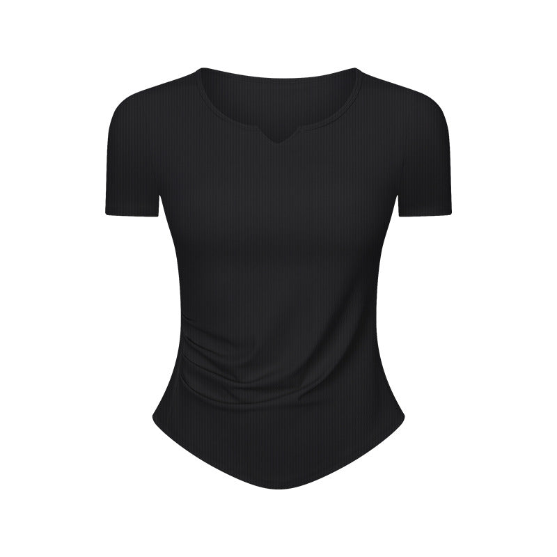 Stripe Rib Pleated Small V neck Sports Short Sleeve Women Fitness Running Slim Slimming Yoga Jacket