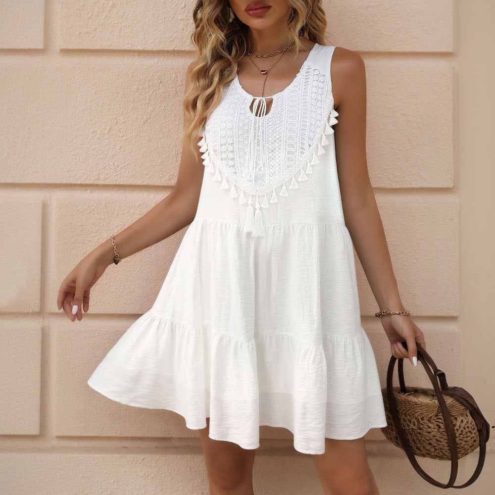 Bohemian White Sleeveless Dress Summer Ethnic Tassel V neck Short Holiday Beach Dress