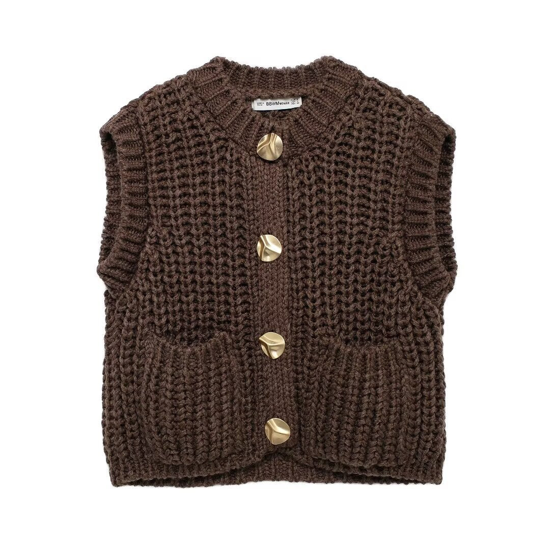 Sweater Spring Festival Stickers Bags Gold Button Thick Knitted Short Women Cardigan Vest