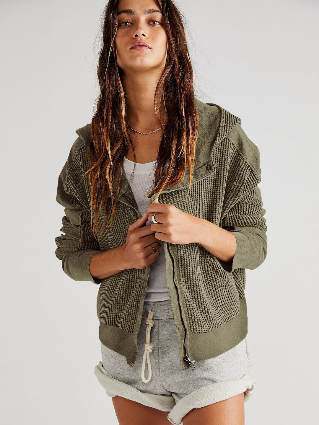 Fall Winter Patchwork Sweatshirt Women Clothing Hooded Long Sleeve Loose Lazy Zipper Hooded Sweatshirt