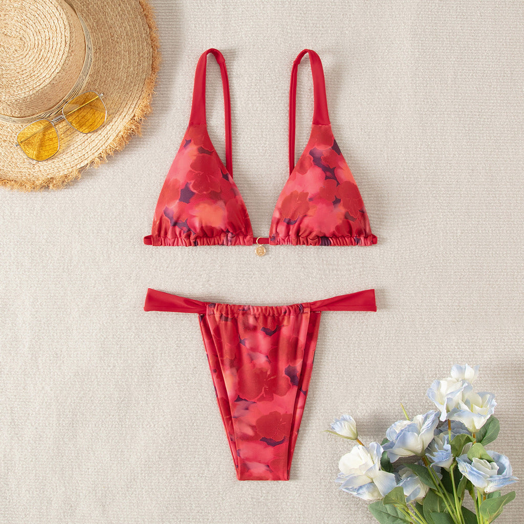 Bikini Printing Triangle Lace Up Sexy Bikini Split Swimsuit Swimwear