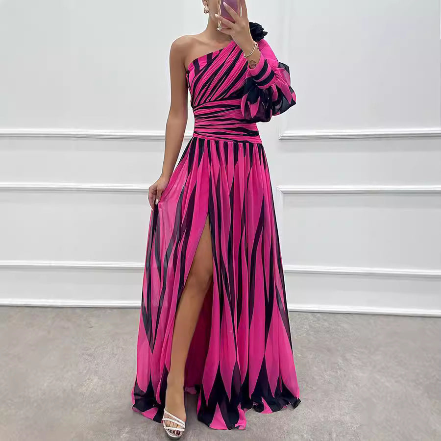 Spring Autumn Printed Diagonal Shoulder Split Dress Casual Loose Party Dress Dress