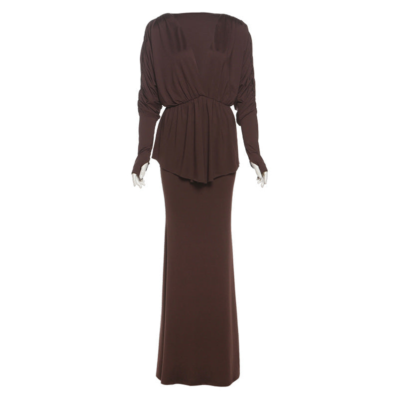 Summer Women Clothing Sexy V neck Peplum Top Sheath Skirt Set Women