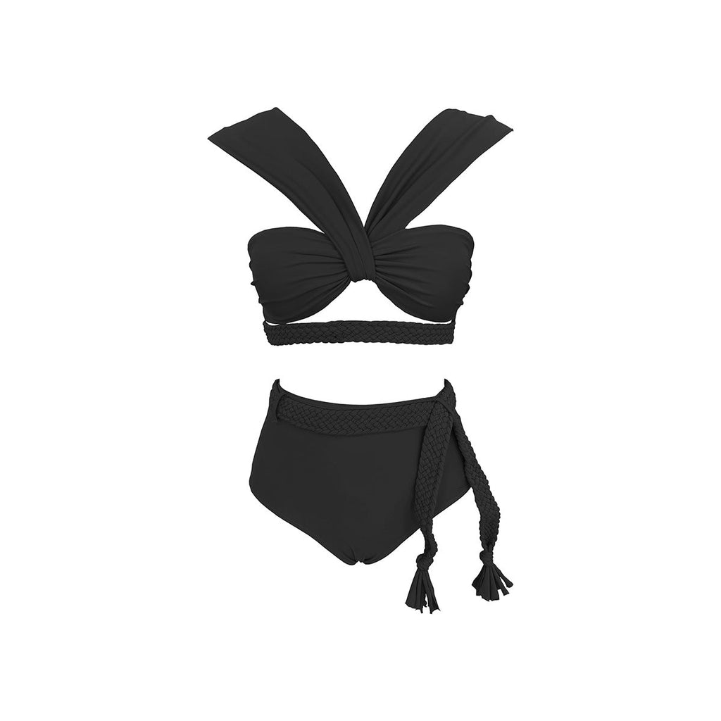 Solid Color Braid Rope High Waist with Straps Bikini Split Swimsuit Women Bikini