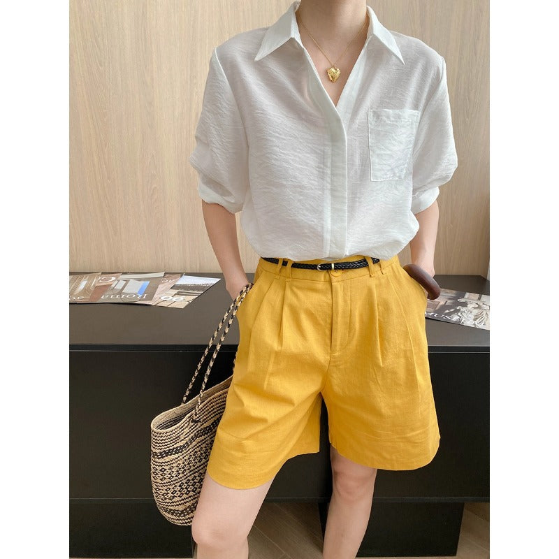 Breathable Tencel Blended Single Pocket Lapels Loose Short Sleeve Shirt