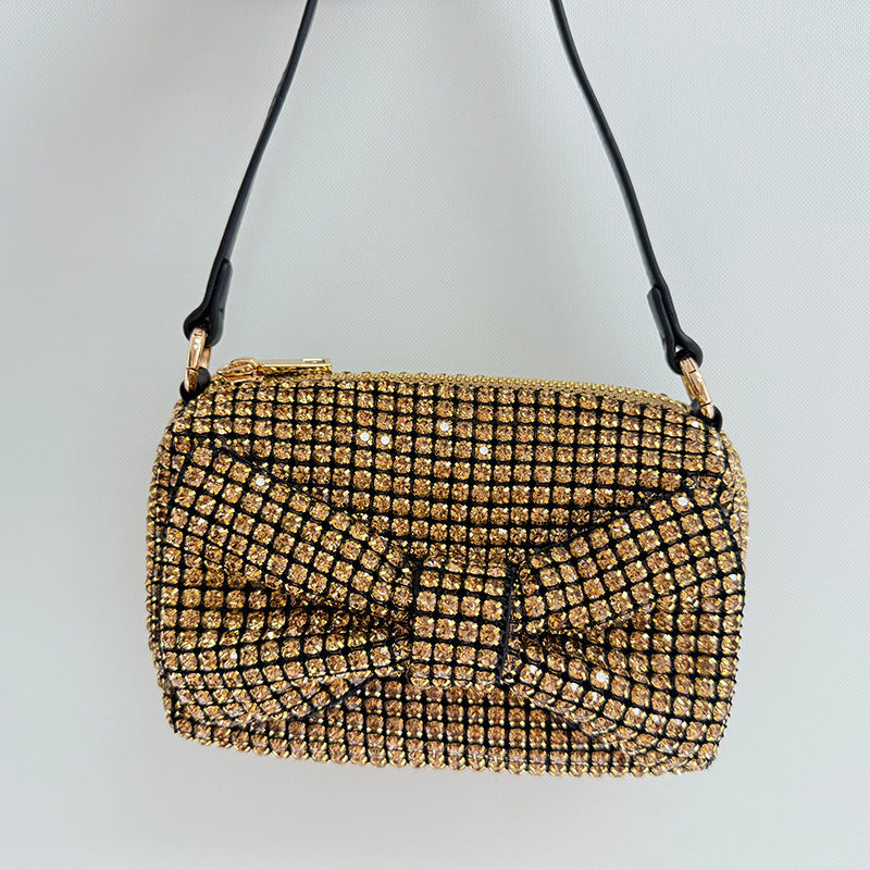 Chic Bow Classic Small Square Bag Full Diamond Party Rhinestone Clutch Chain Shoulder Crossbody Women Trendy Bag