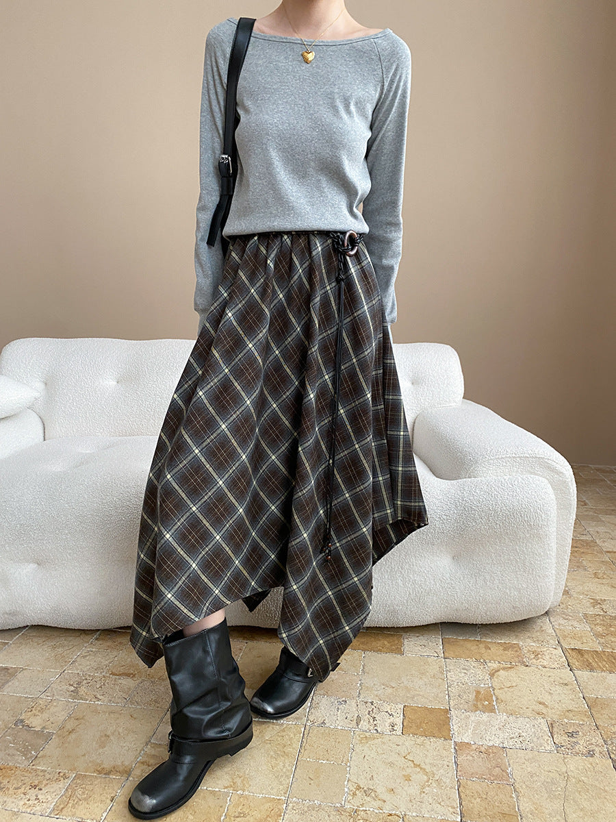 Blogger Love Product Irregular Asymmetric Design Elastic High Waist Contrast Color Check Skirt