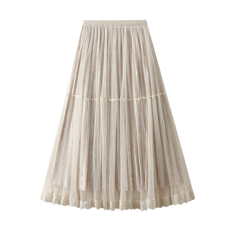 Elegant Draping Mesh Velvet Pleated Skirt for Women High Waist Slimming Long Skirt