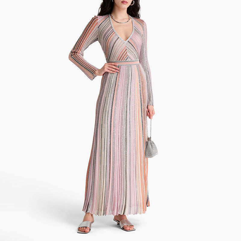 Elegant Knitted Dress Women Autumn Colorful Striped Low Collar High Waist Slimming Maxi Dress