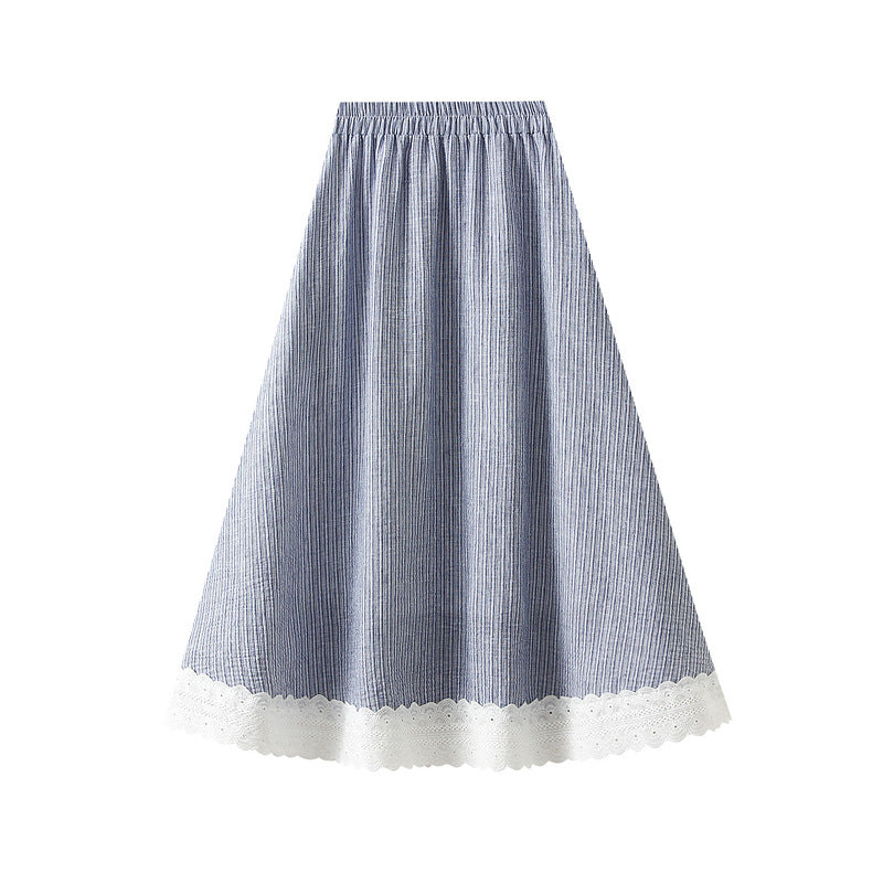 Plaid Skirt Women Spring Summer Loose Casual Elastic Waist Mid Length Lace Edge Patchwork A line Skirt