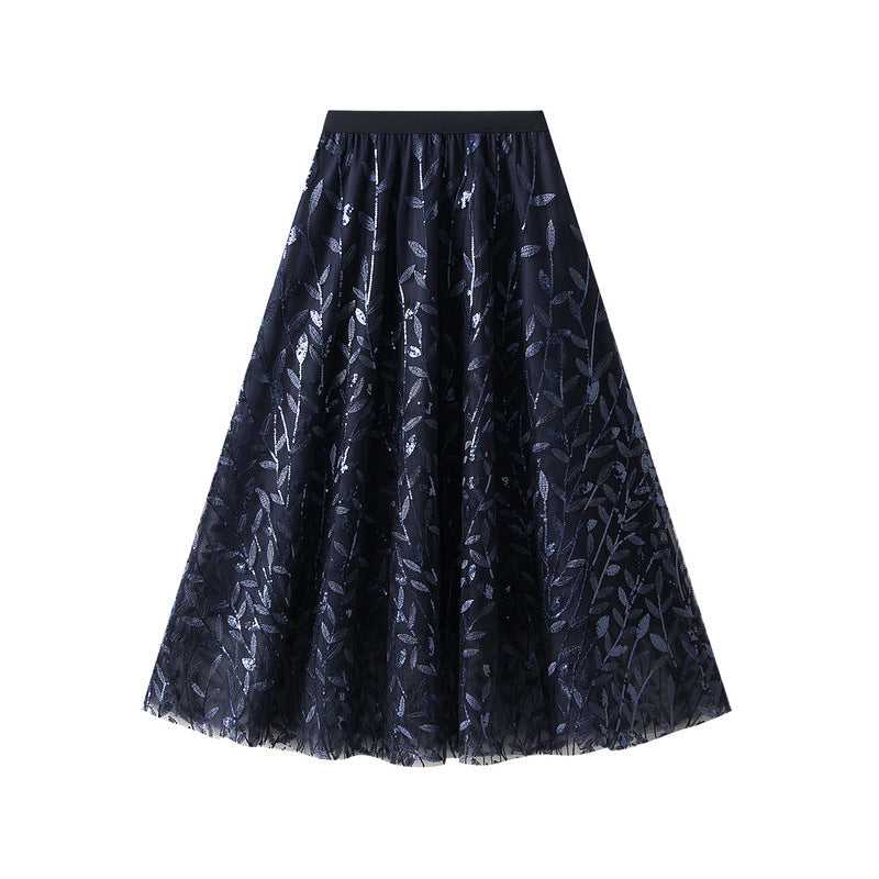 Glitter Leaves Embroidered Long Skirt A line Drape Large Swing Tulle Skirt All Match Fairy Dress
