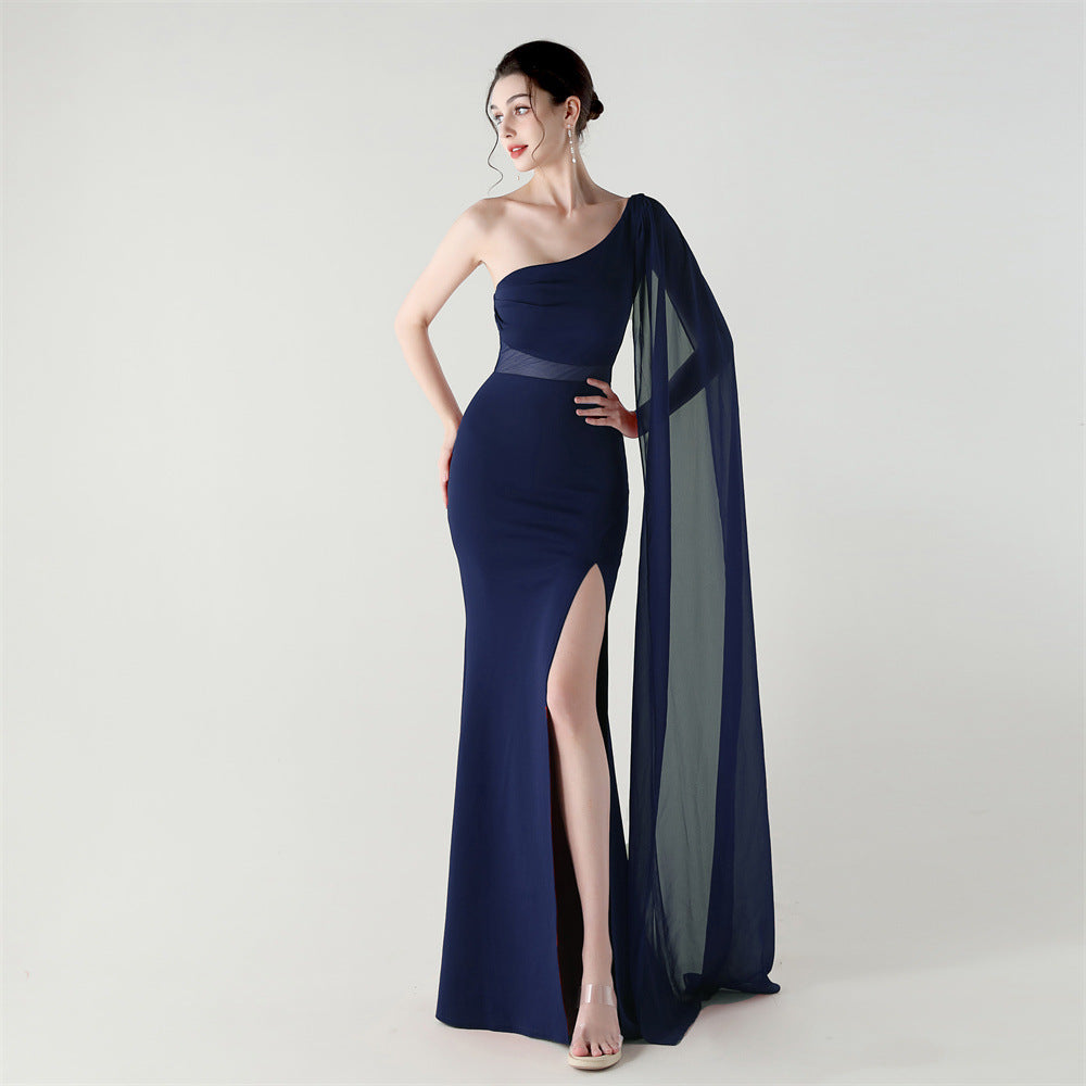 Single Shoulder Crossbody Stitching Mesh Design Satin Slim Cocktail Dress Evening Dress