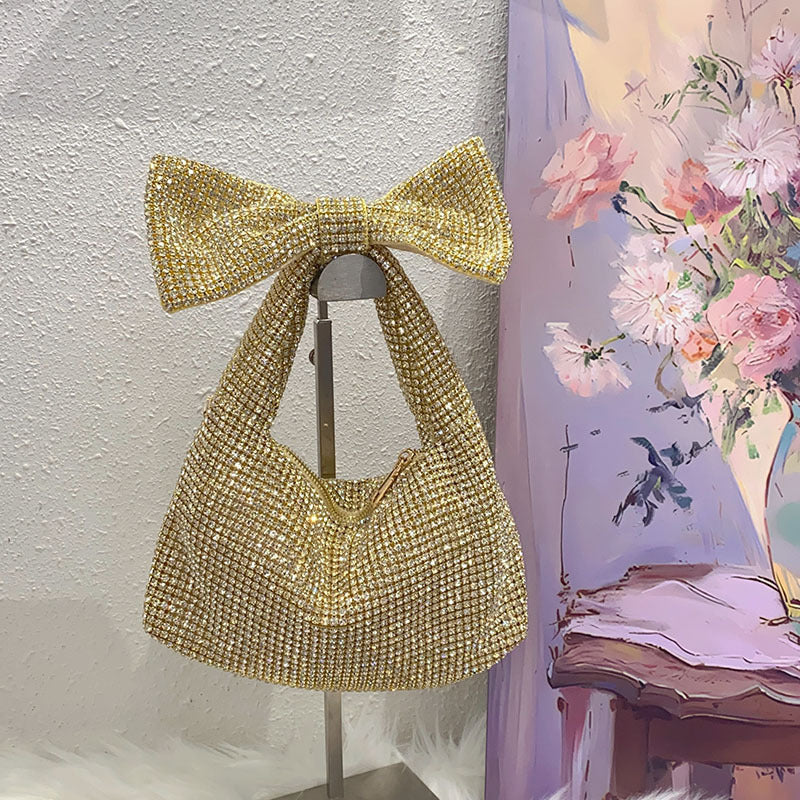 Bow Trend Shiny Diamond Rhinestone Underarm Bag Socialite Elegant Tote Shoulder Bag