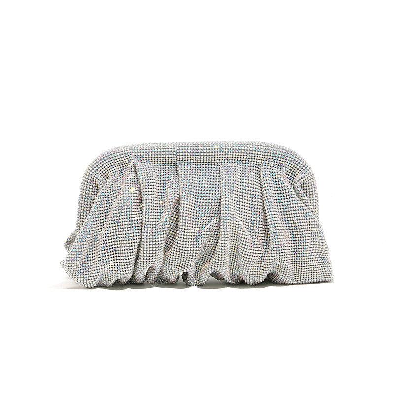 High Grade Diamond Studded by Hand Clutch Pleated Chain Rhinestone Cloud Clip Dinner Bag One Shoulder Crossbody Bag