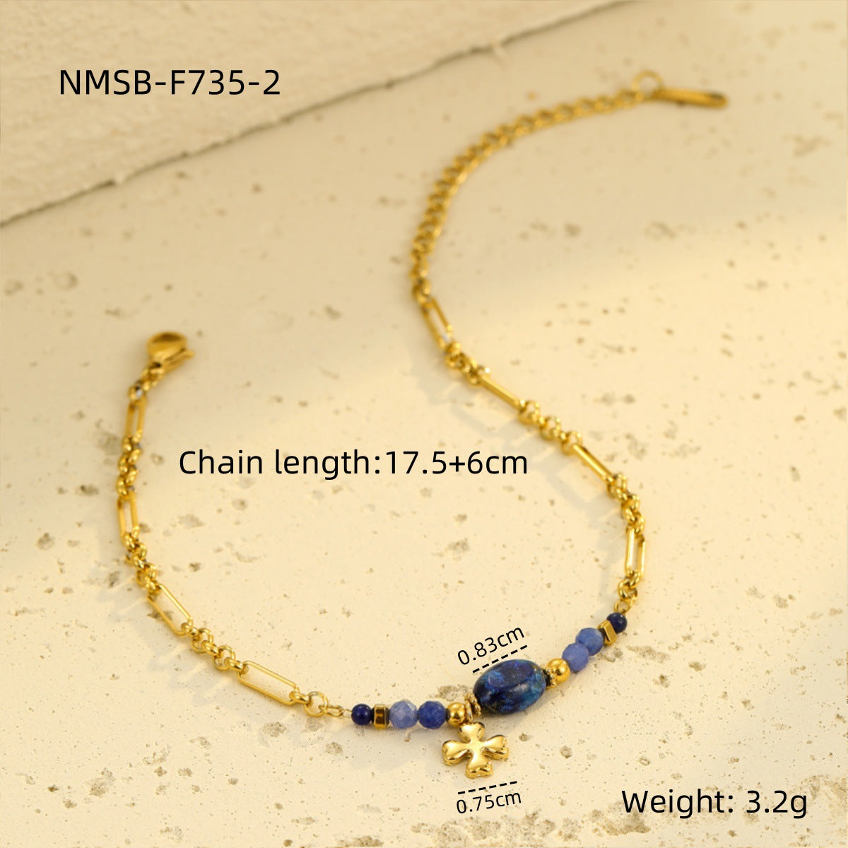 Stainless Steel Natural Stone Lapis Four-Leaf Clover Embellished Bracelet Women Titanium Steel Jewelry