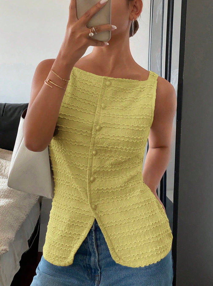 Elegant Single Breasted round Neck Sleeveless Slim Vest Solid Color Women Top