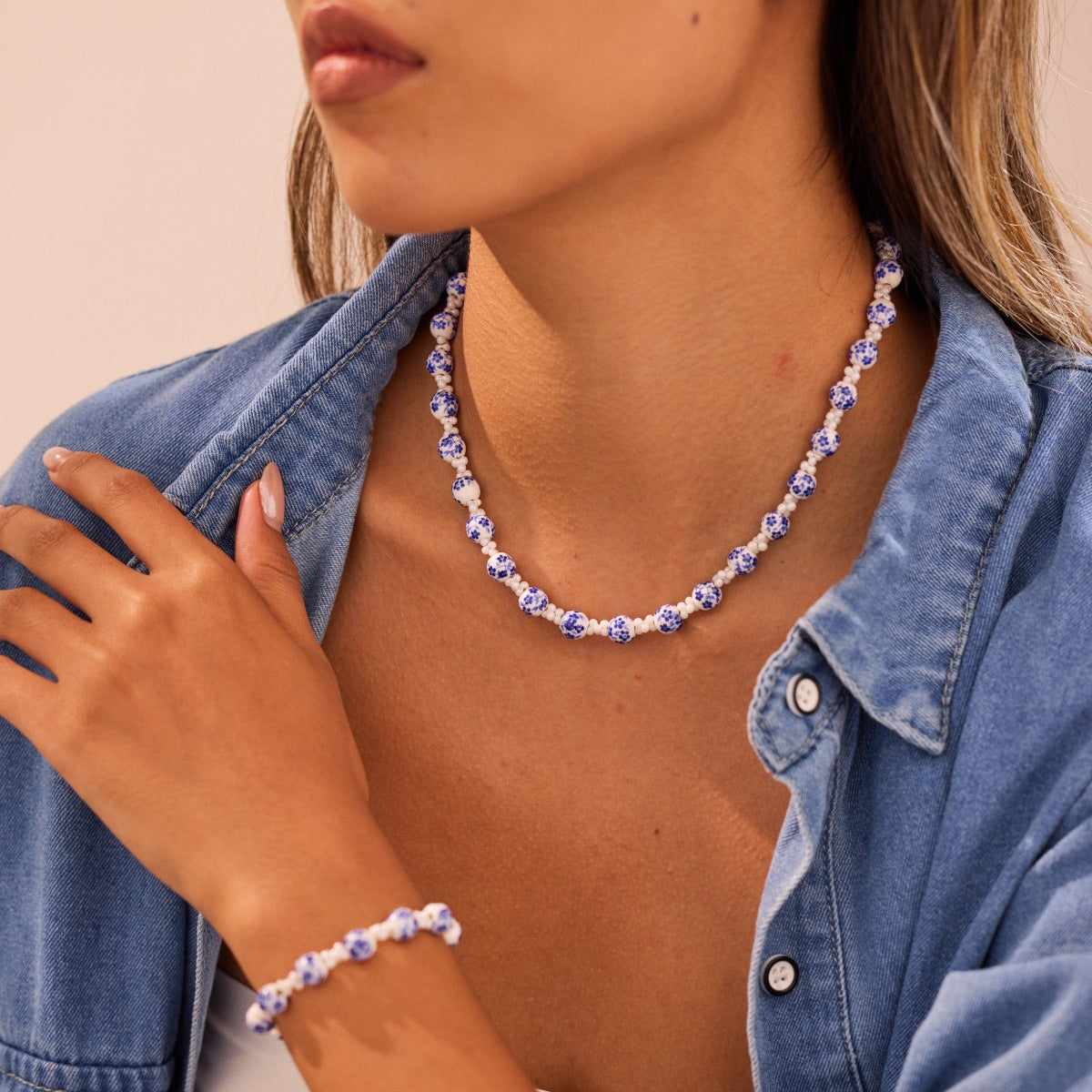 Special Interest Design Ceramic Necklace Set Floral Beads Blue White Porcelain Beaded Chain Jewelry