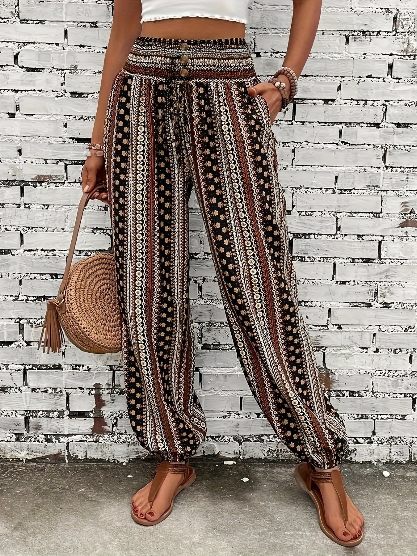 Spring Summer Women Clothing Bohemian Ethnic Print Loose Slimming Draping Effect Elastic Waist Ankle Tied Casual Pants