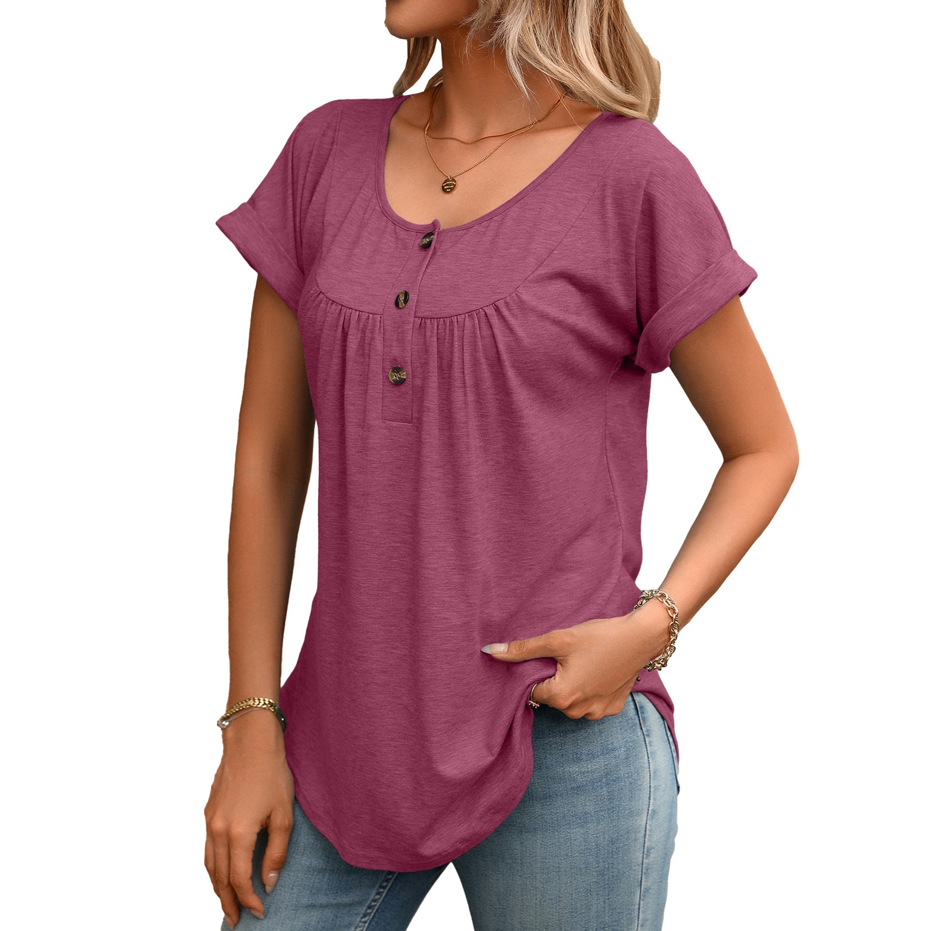 Summer Solid Color round Neck Button Loose Short Sleeve T shirt Top Women