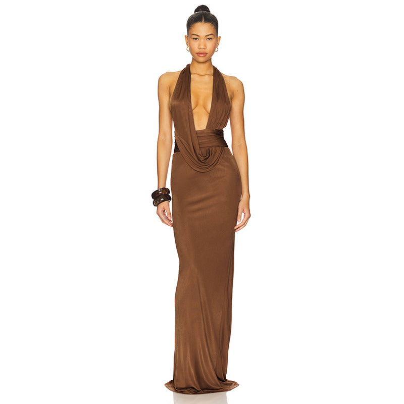 Clothing Autumn Slim Fit Halter Backless Sleeveless Pleated Lace up Elegant Length Dress