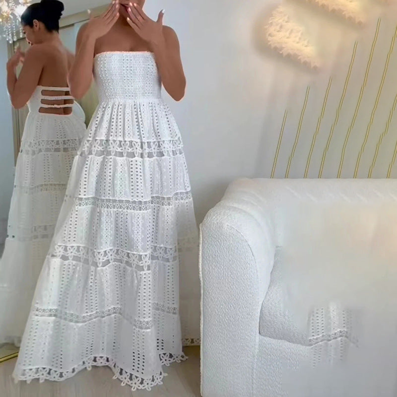 Casual Maxi Dress Spring High Sense Embroidery Hollow Out Cutout out Tube Top Dress Women Clothing