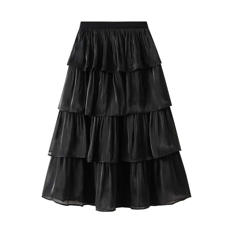 Spring Summer Fresh Casual All-Match Flow Glossy Fabric Tiered Dress Mid Length Skirt Women