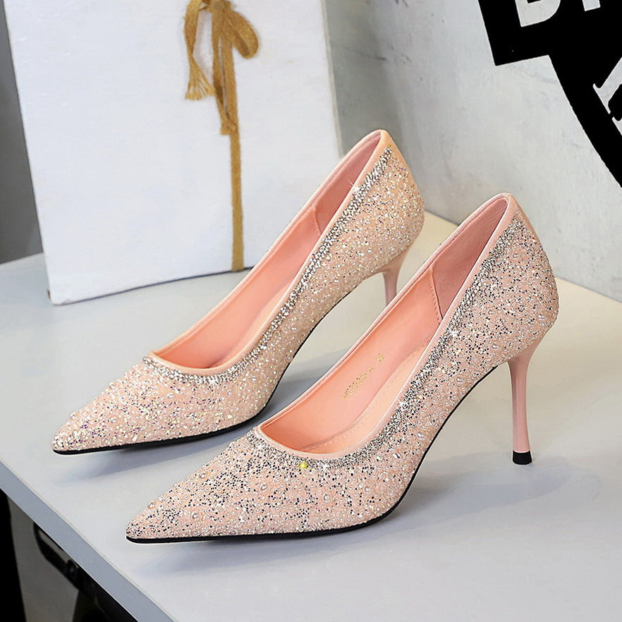French Cocktail High Heels Women Sequined Beaded Pointed Low Cut Stiletto Heel Slip on Pumps Women
