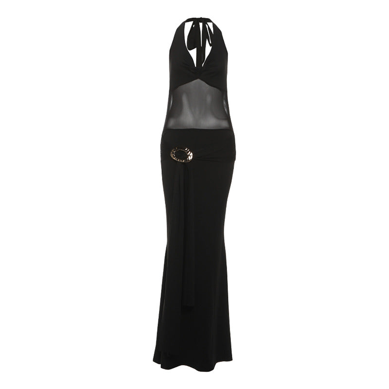 Fall Women Clothing Sexy Mesh Stitching Semi See through Slim Fit Halter Tied Dress Women